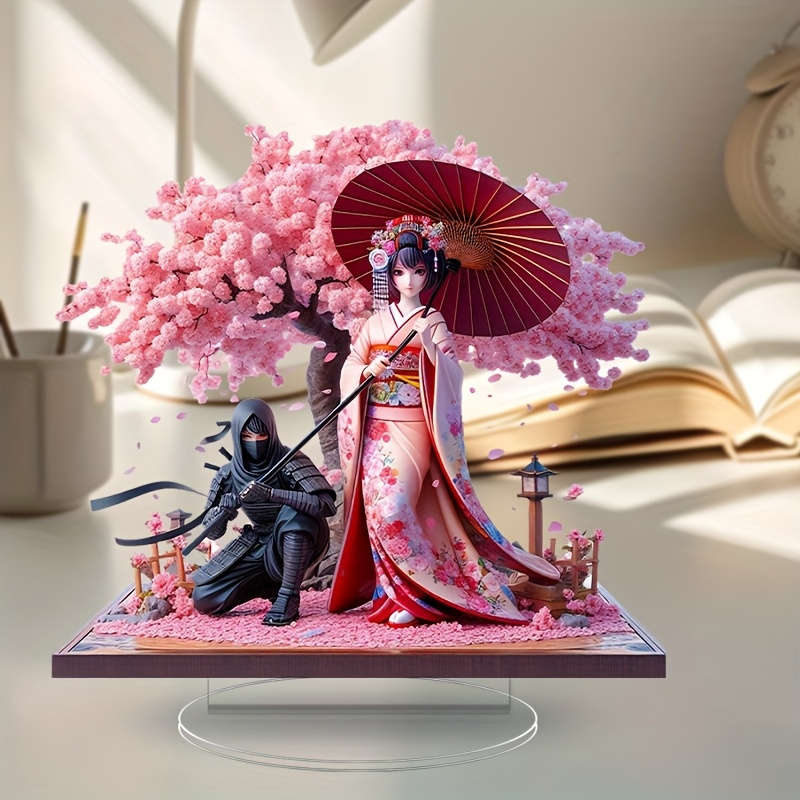 1pc 2D Flat  Design Acrylic Tabletop Statue Anime Style Cherry Blossom Tree with Ninja Phantom Vi