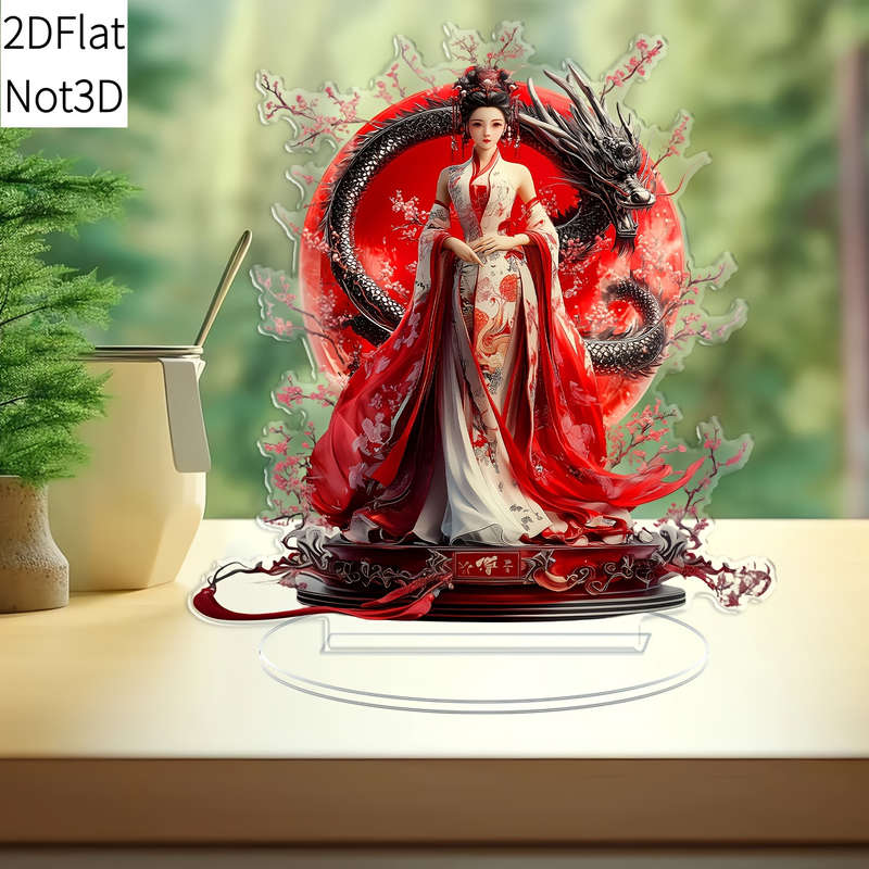 1pc 2D Flat   Acrylic Cheongsam Girl Figurine with Stand Vibrant Red White Traditional Chines