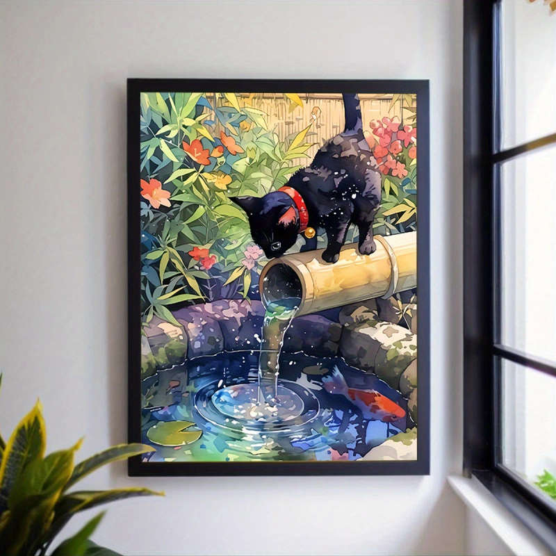 1pc Print Painting 2D Black Cat and Fish Unframed 30.48x40.64cm Canvas Art Creative and Impressive H