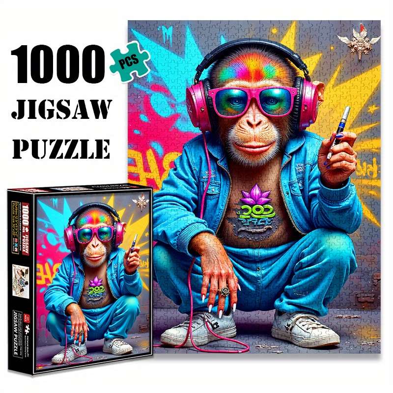 1000pcs Jigsaw Puzzle Trendy Monkey with Headphones Vibrant Graffiti Art Advanced