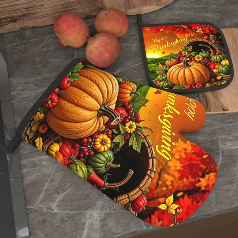 2pcs Autumn Harvest Heat-Resistant Oven Mitts 26.92x17.02 cm Vibrant Pumpkin Vegetables De