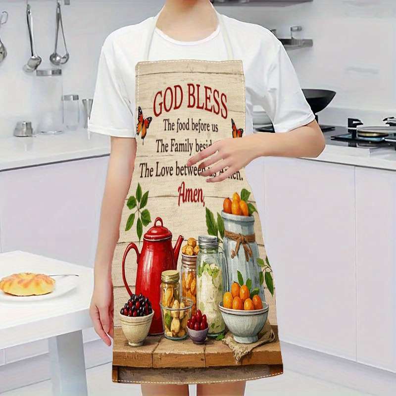1pc Linen Kitchen Apron with Vintage Food Print "God Bless Our Family" Design Easy-Clean Co