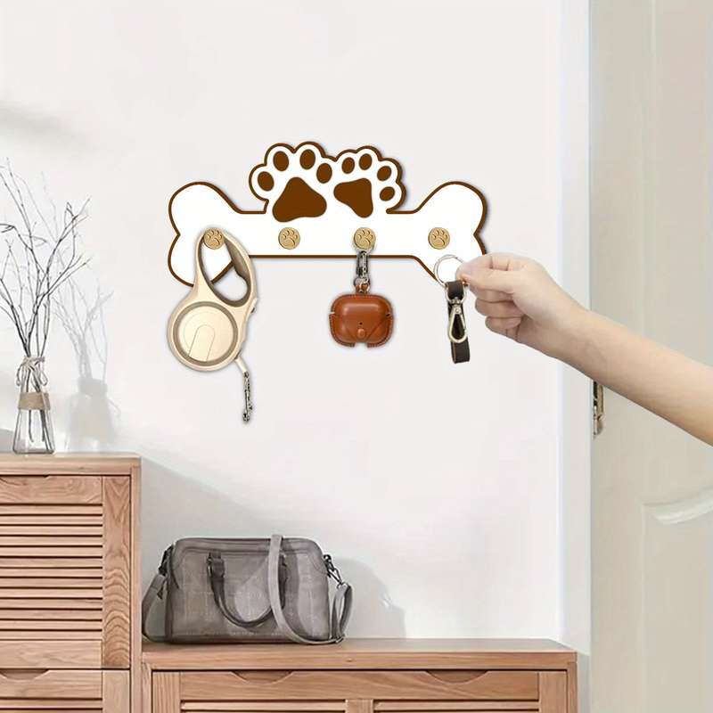 1pc Charming Wooden Dog Paw  Bone Design Wall Hanger with 4 HooksKey  Leash Organizer Perfect