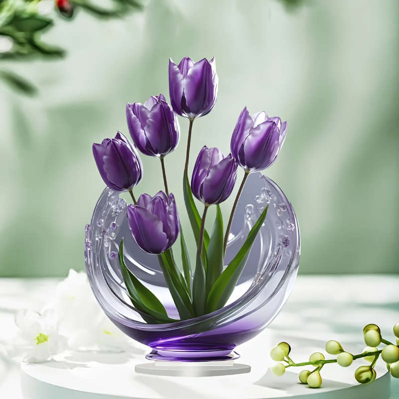 1pc 2D Flat  Elegant Purple Tulip Acrylic Crystal Tabletop Decoration Perfect for Bedroom Living