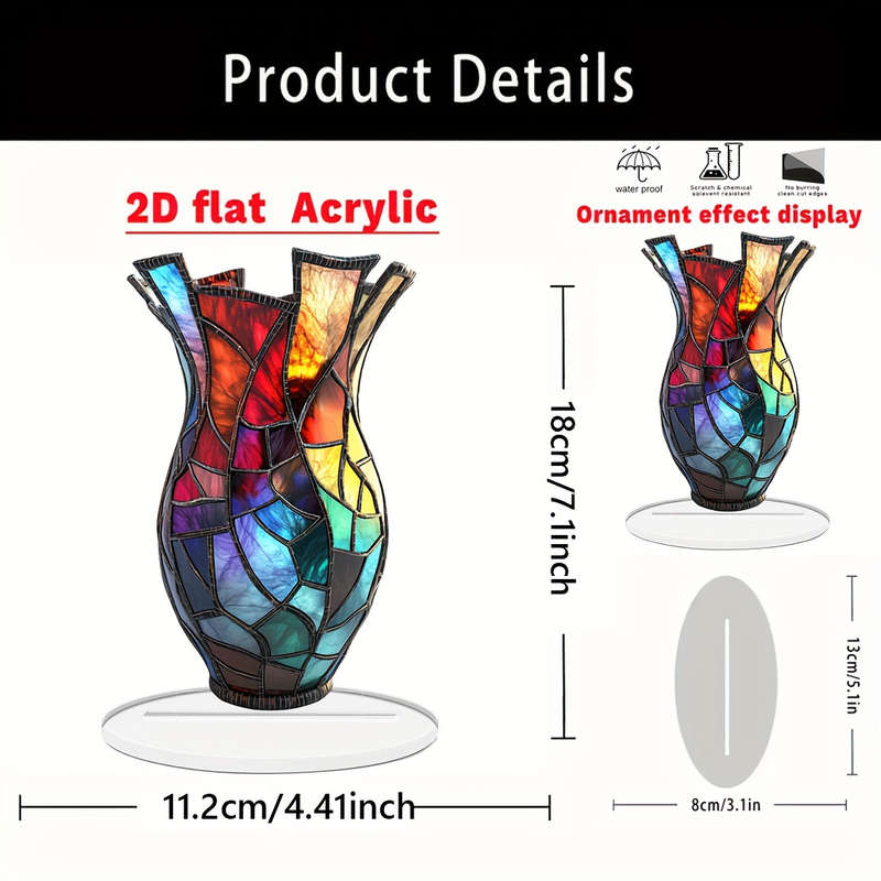 1pc 2D Flat  Colorful Stained Glass Acrylic Vase 11.18cm x 18.03cm Mosaic Design Dark Base with