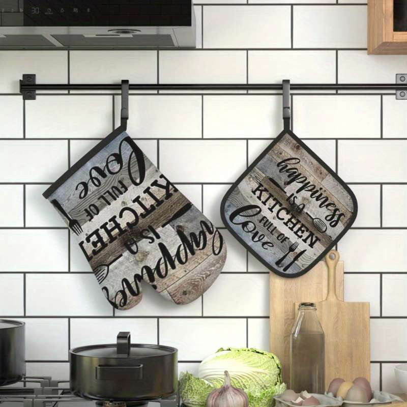2pcs Heat Resistant Oven Mitts 2pcs Rustic Wooden Design Polyester Oven Mitts and Pot Holders