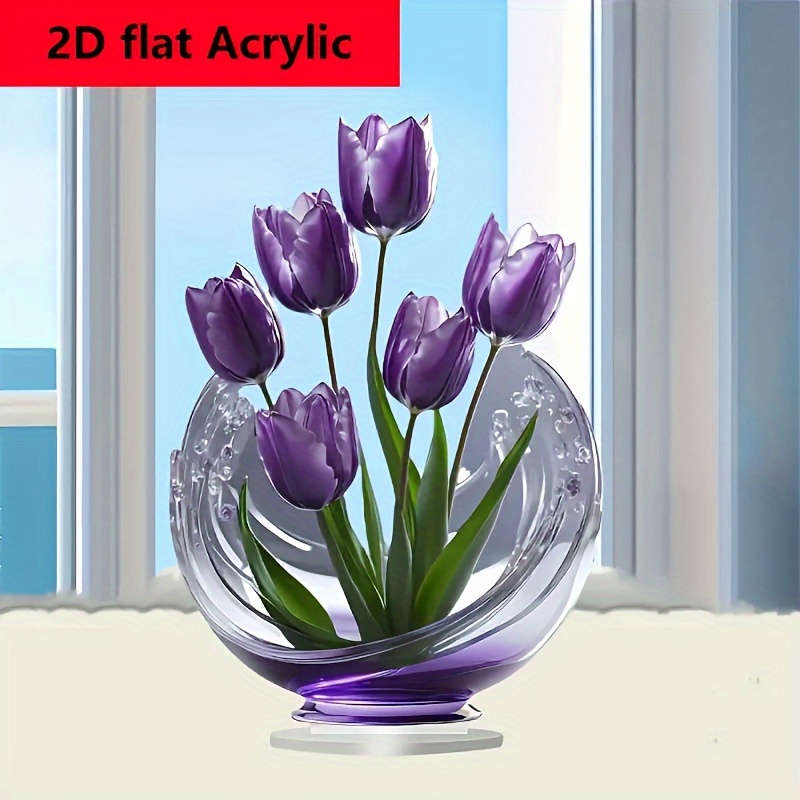 1pc 2D Flat  Elegant Purple Tulip Acrylic Crystal Tabletop Decoration Perfect for Bedroom Living