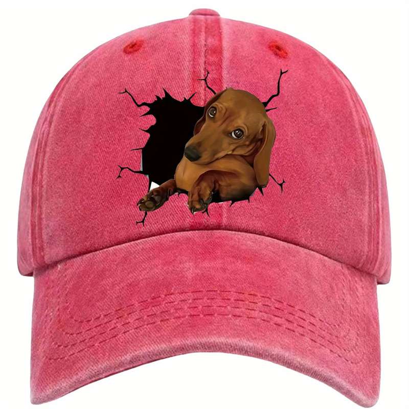 1pc Cotton Baseball Cap with 3D Dachshund Dog Print Unisex Distressed Vintage Washed Adjustable C
