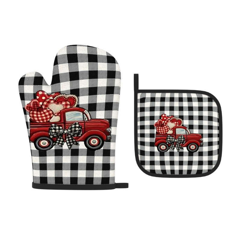 2pcs 26.92x17.02 cm Oven Mitts And Potholders Happy Valentine's Day Black and white checkered T
