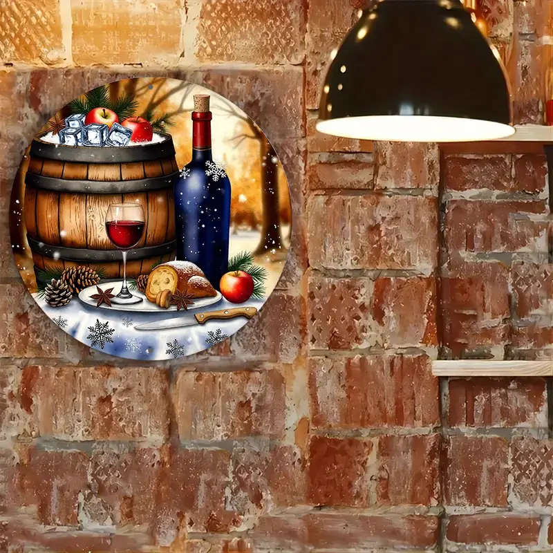 1pc Painting of a Bottle of Wine And a Glass of Wine on Wreath Sign 8-Inch Round Aluminum Sign Perfe