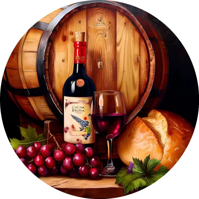 1pc Bottle of Wine And a Glass of Red Wine Next to a Wreath Sign 8X8 Inch 20Cmx20Cm Round Aluminum S