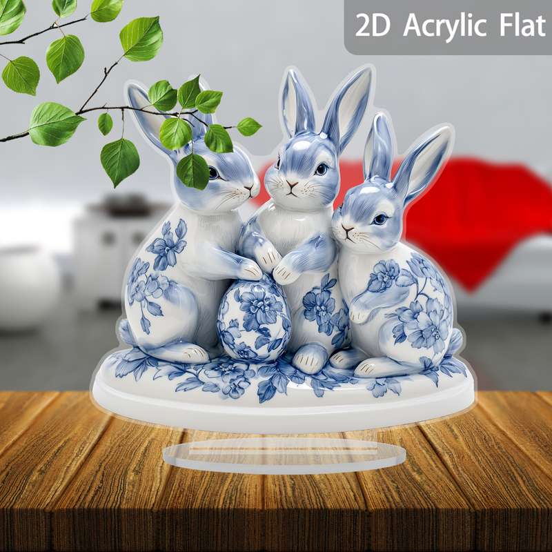 1pc 2D Flat   Plane Easter Blue and White Porcelain Rabbit and Egg  Acrylic Sun Catcher Desk