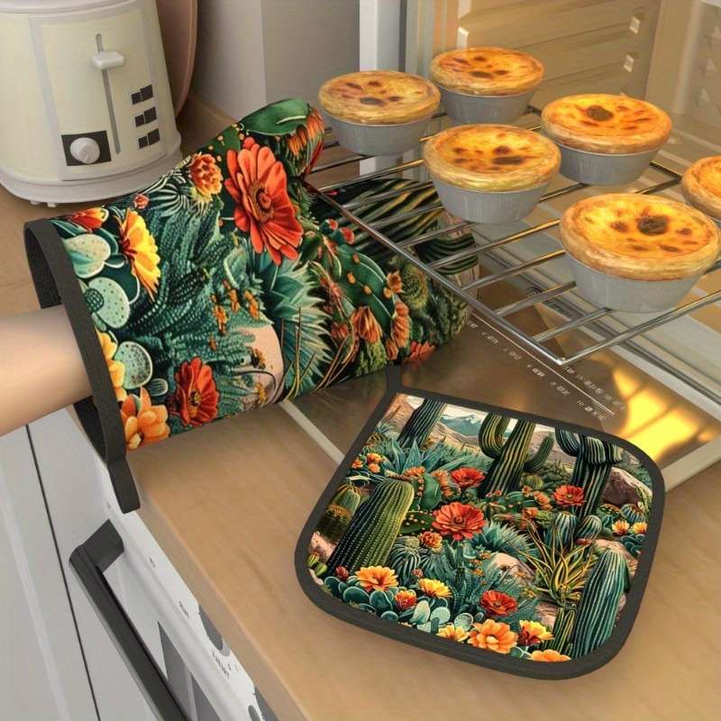 2pcs Vibrant Cactus and Floral Heat-Resistant Oven Mitts 26.92x17.02 cm Polyester Machine W