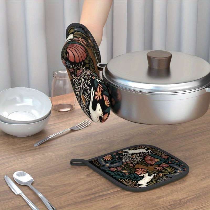 2pcs 26.92x17.02 cm Oven Mitts Pot Holders Rabbit twig flower Heat Resistant Oven Mitts And Pot