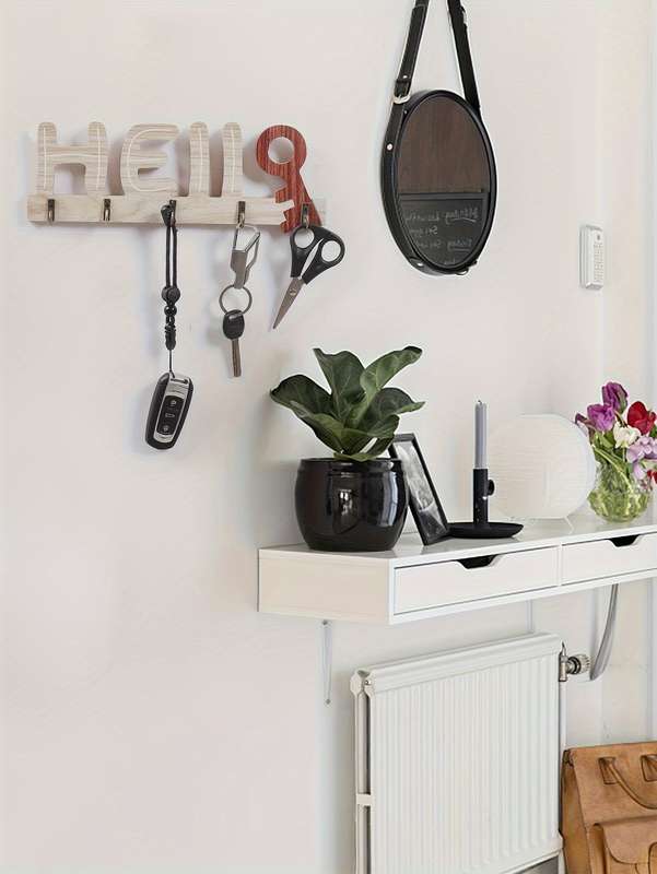 Handcrafted Rustic Wooden Key Holder with "Hello"  "Welcome" DesignWall-Mounted Natural Wood Fi