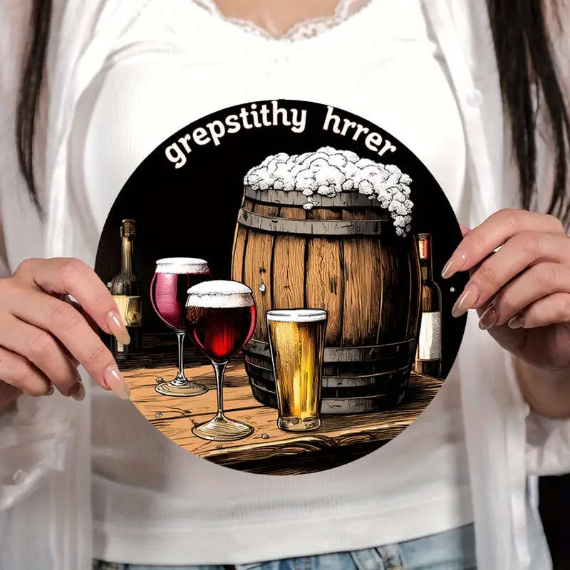 1pc Vintage Barrel Wine Glasses 19.81cm Round Aluminum Sign GREPSTITH HIRRER Beer Wine Illustration