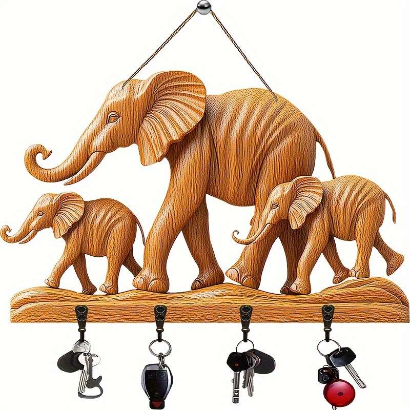 1pc Elephant Simple Colorful Wooden Keychain with Four Metal Hooks 30.0cm x 24.99cm 2D Farmhouse