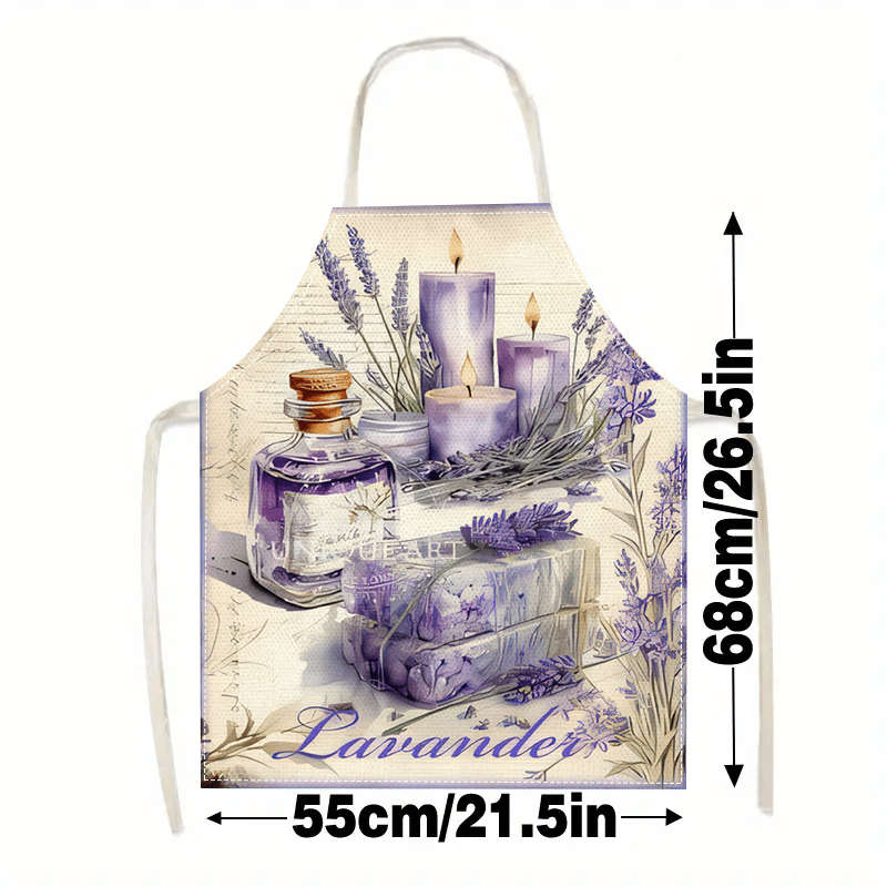 1pc Vintage Lavender Perfume Print Large Apron Sleeveless Durable Linen Kitchen Apron for Cooking