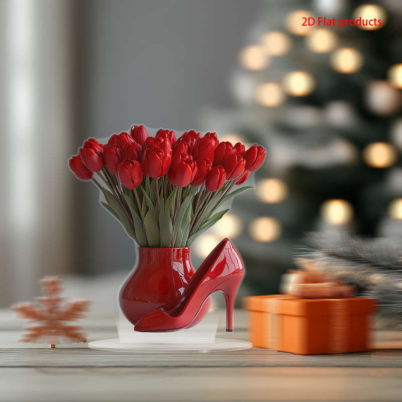 1pc 2D Flat   Acrylic Table Centerpiece Decoration with Red Boots and Floral Design Elegant Gif