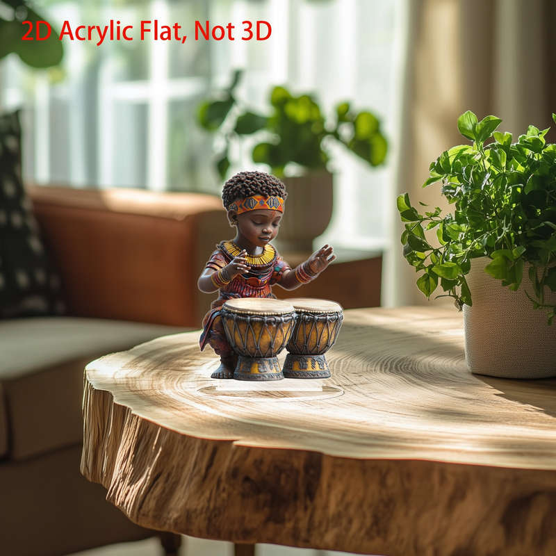1pc 2D Flat   Acrylic African Boy Playing Drums Decorative Figurine Bohemian Style No Power Ne