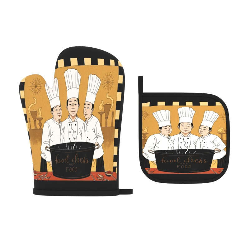 2pcs Chef-Themed Oven Mitts Pot Holders Heat-Resistant Durable Polyester Machine Washable