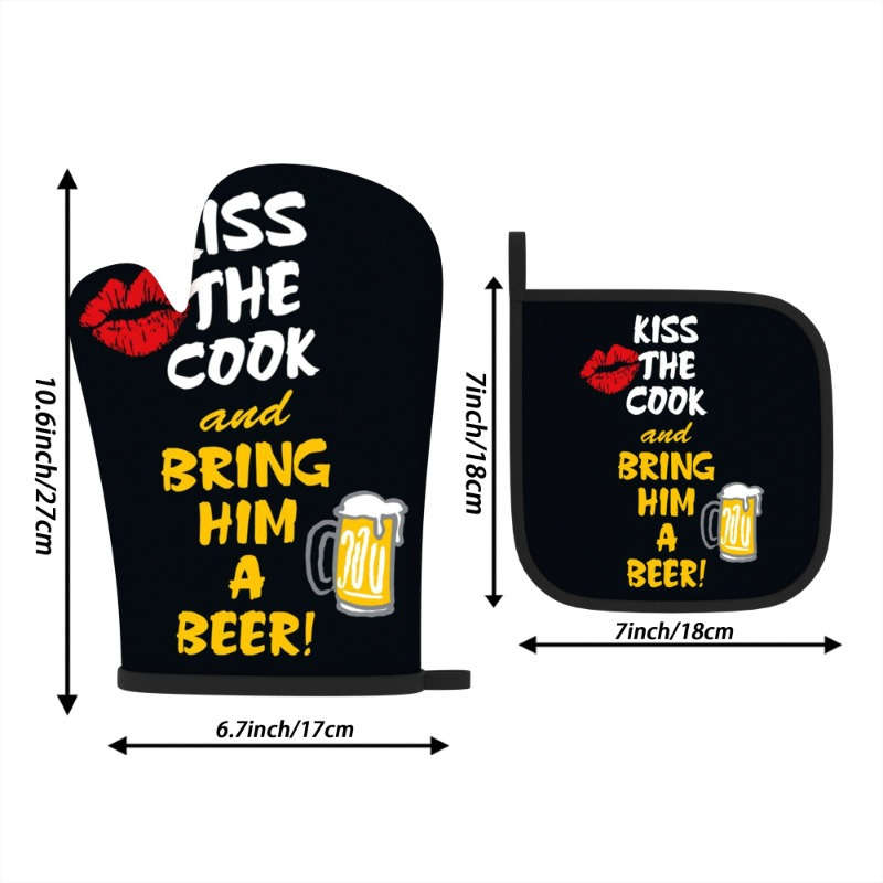 2pcs Heat-Resistant Oven Mitts Pot Holders Beer-Themed Kitchen Gloves with Fun Phrases Bla