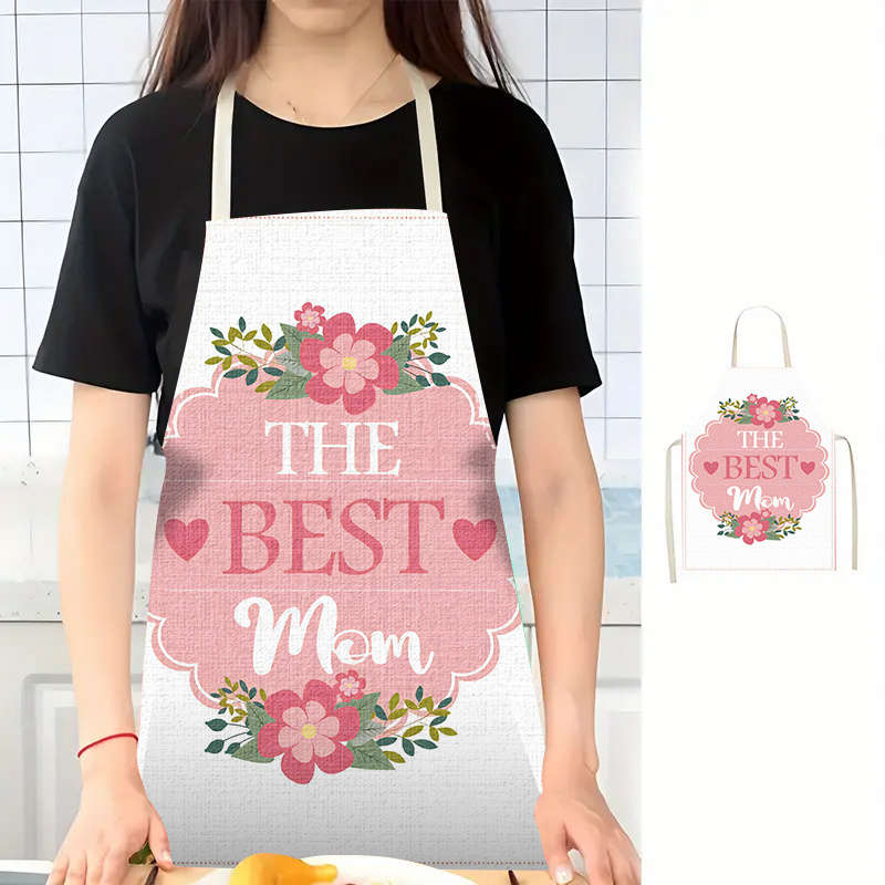 1pc Mother'S Day Apron Polyester Woven Adjustable Neck Floral "The Best Mom" Design Perfec