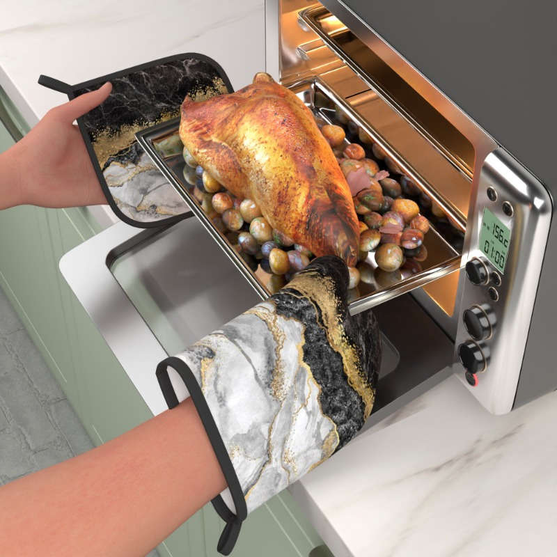 2pcs Marble Pattern Oven Mitt Set 26.92x17.02 cm Heat Resistant Polyester Kitchen Gloves and