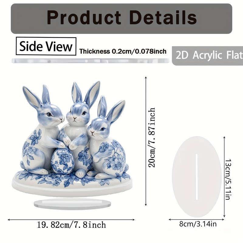 1pc 2D Flat   Plane Easter Blue and White Porcelain Rabbit and Egg  Acrylic Sun Catcher Desk