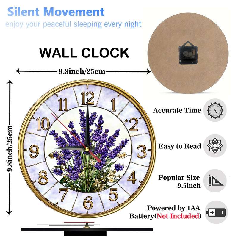 1pc Vintage Lavender Wooden Wall Clock Silent Farmhouse Style Decor for Kitchen Bedroom Office