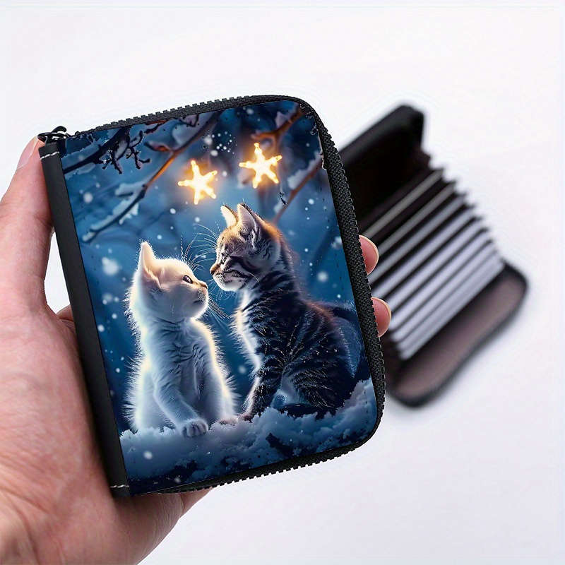 1pc Couple'S Cat Print PU Wallet Fashionable Printed Coin Purse with 9+2 Accordion Card Slots