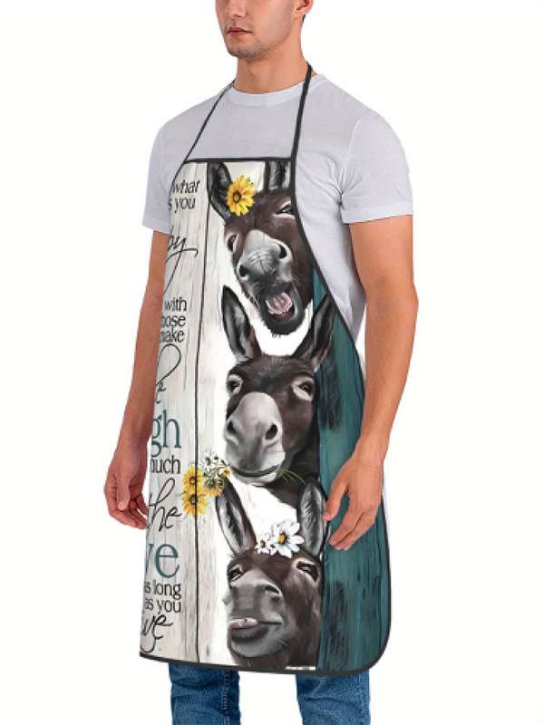1pc Vintage-Style Donkey and Sheep Print Apron Rustic Farmhouse Kitchen Wear for Men and Women P