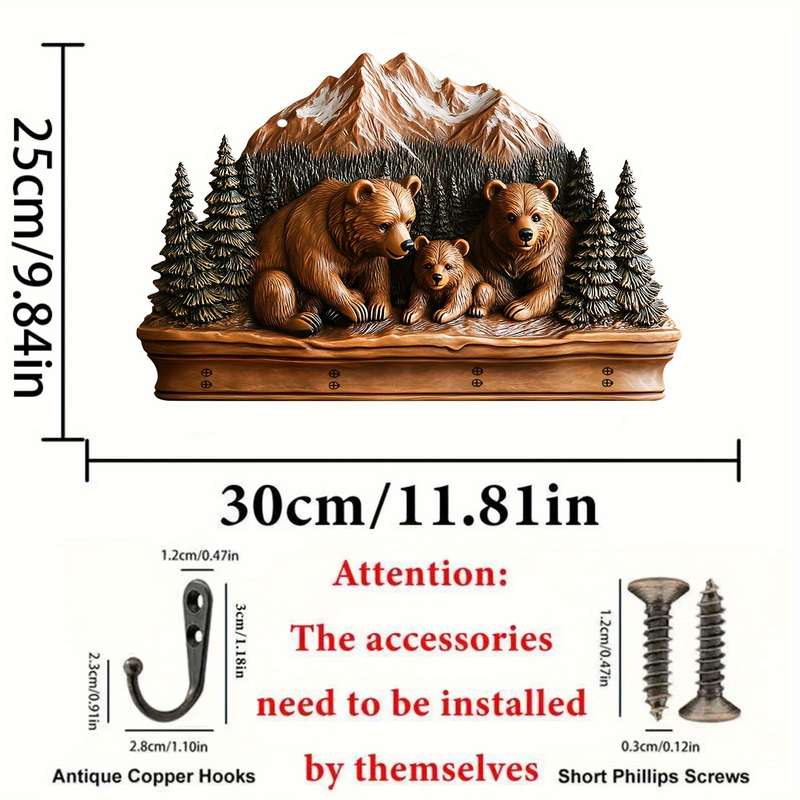 1pc Warm Forest Bear- Household Wooden Key Rack( 29.97cm x 24.99cm) with Four Metal Hooks- Multifu