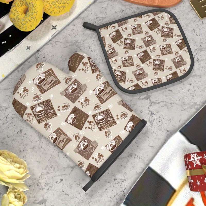 2pcs Coffee Time Oven Mitts Potholders Heat-Resistant Machine Washable Polyester with Fun
