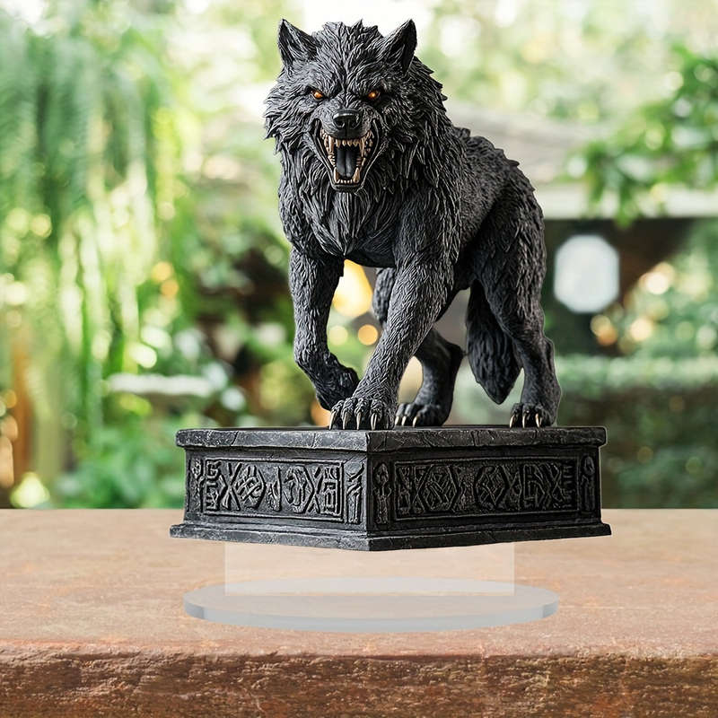 1pc 2D Flat   Bohemian Acrylic Wolf Sculpture Fierce Wolf Head Design with Ornate Base Dark De