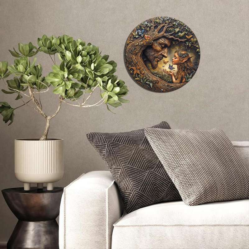 1pc 2D Flat 20.32x20.32cm Round Wooden Wall Art Vintage Tree and Flower Fairy Sign