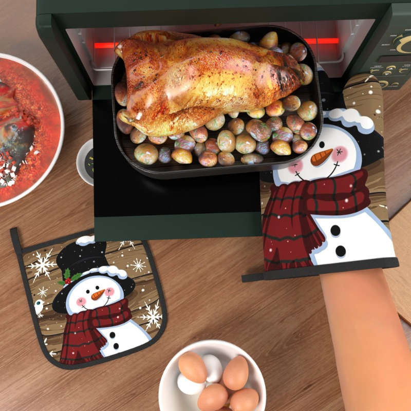 2pcs Christmas Snowman Oven Mitts Heat Resistant 26.92x17.02 cm Festive Snowman Snowflake