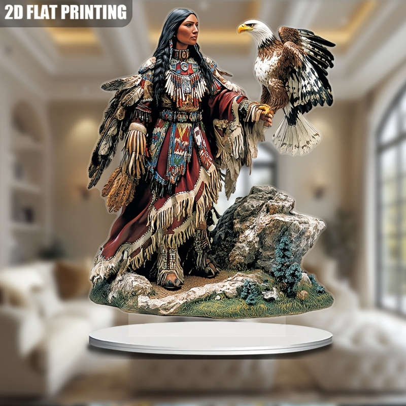 1pc 2D Flat  Bohemian Indian Woman and Eagle Acrylic Sun Catcher 16.26cm x 20.83cm Vibrant  Fla