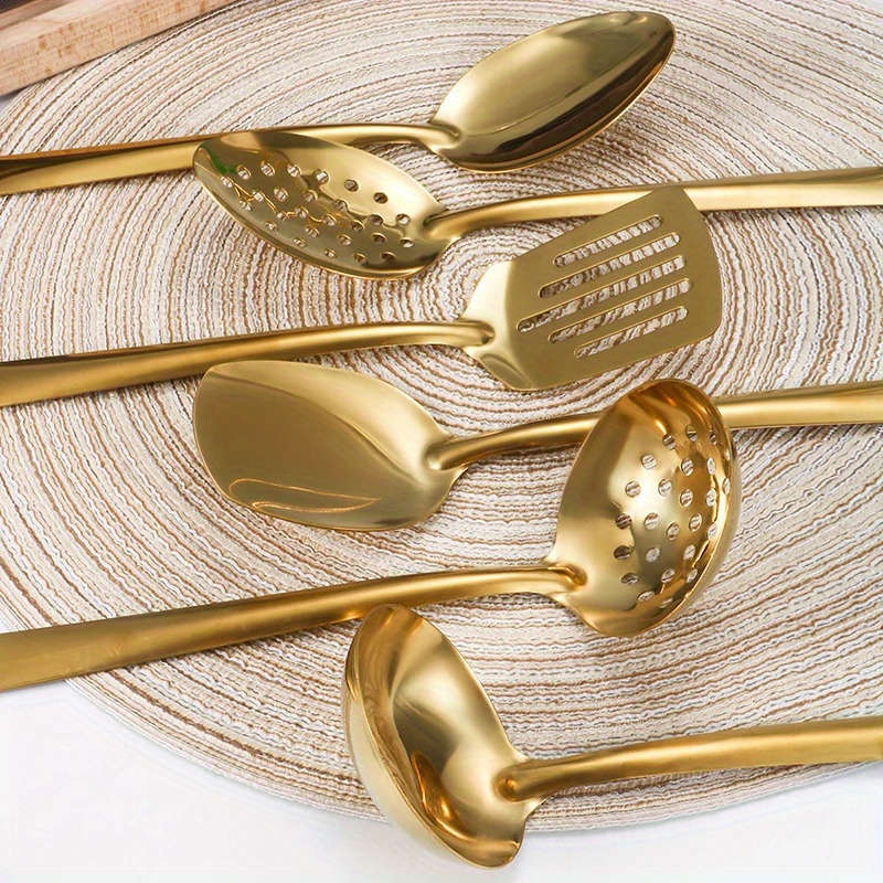 6pcs Gold-Plated Stainless Steel Kitchen Utensil Set Includes Soup Spoon Colander Frying Sh