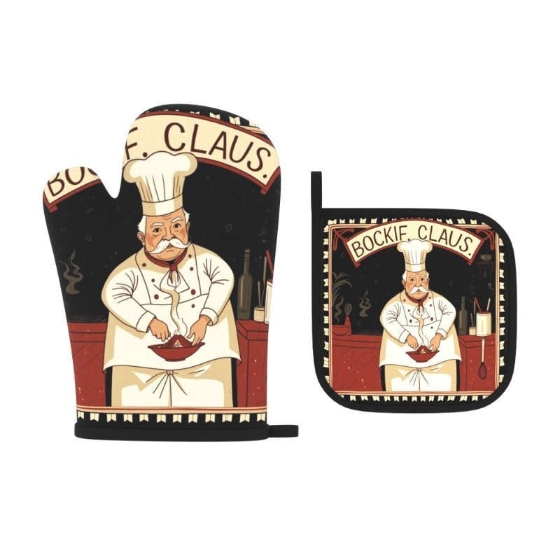 2pcs Retro Chef Oven Gloves and Pot Mats Heat Resistant Vintage Kitchen Decor Suitable for