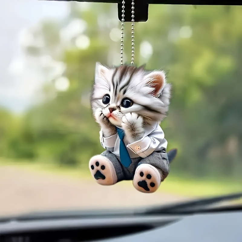 1pc 2D Flat  Adorable Shy Cat Acrylic Hanging Ornament Collectible Feline Memorial with Blue Shirt