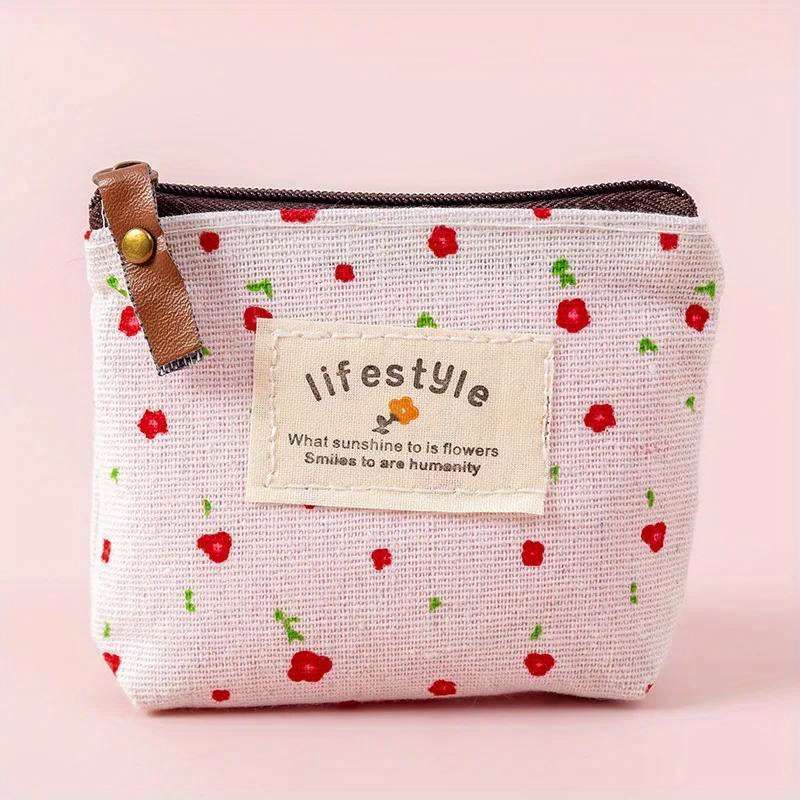 1pc Chic Floral Canvas Coin Purse Key Pouch Compact Zippered Wallet with Earphone Storage Ligh
