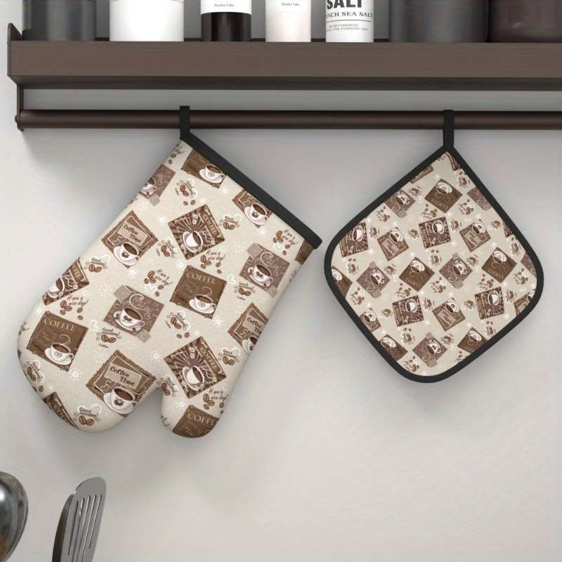 2pcs Coffee Time Oven Mitts Potholders Heat-Resistant Machine Washable Polyester with Fun