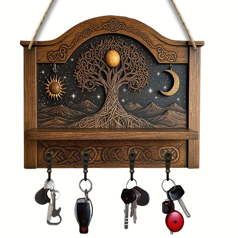 1pc Tree of Life Wall Art with Moon  Sun DesignTraditional Wooden Key Holder Organizer 30.0cm x