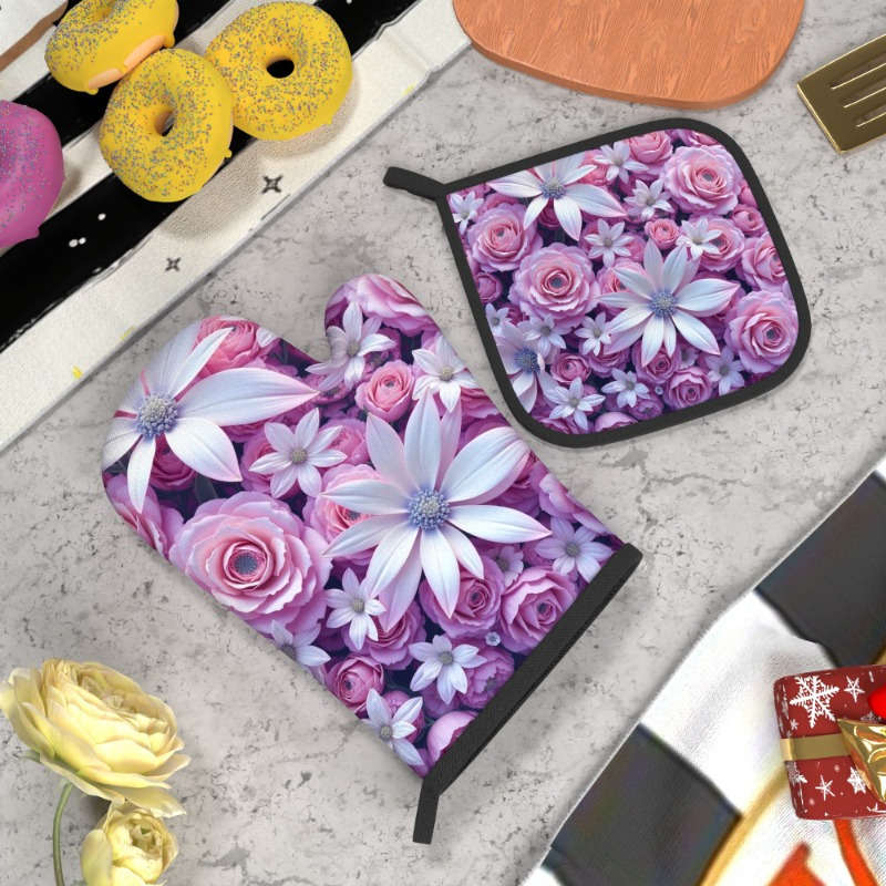 2pcs 26.92x17.02 cm Heat Resistant Oven Mitts and Potholders Beautiful Purple Flowers Oven Mitt
