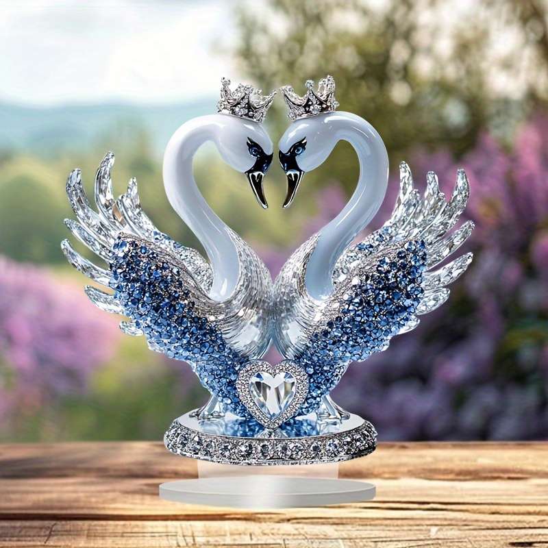 1pc 2D Flat   Ornate Style Acrylic Swan Statue with Heart Shaped Crown Romantic Desktop Decorat