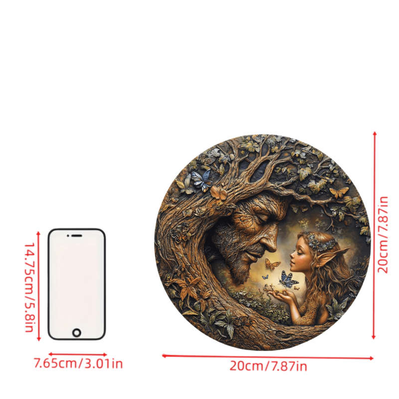 1pc 2D Flat 20.32x20.32cm Round Wooden Wall Art Vintage Tree and Flower Fairy Sign
