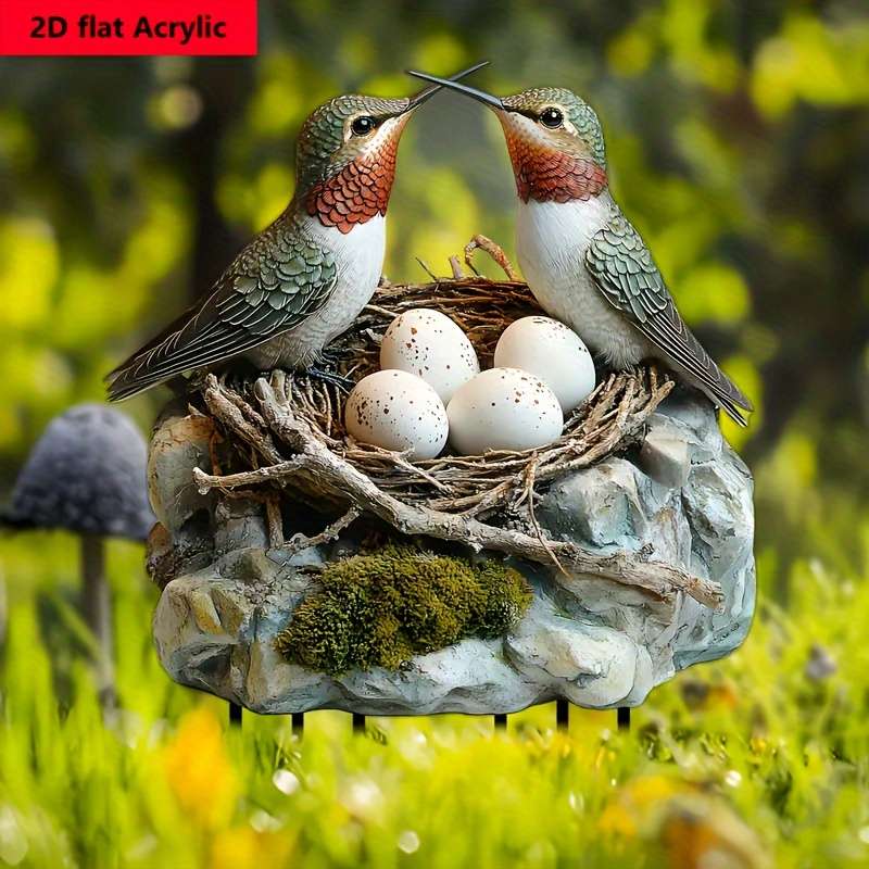 1pc 2D Flat Charming  Acrylic Hummingbird Garden Stake with Lifelike Birds Eggs Rustic Outdoor D