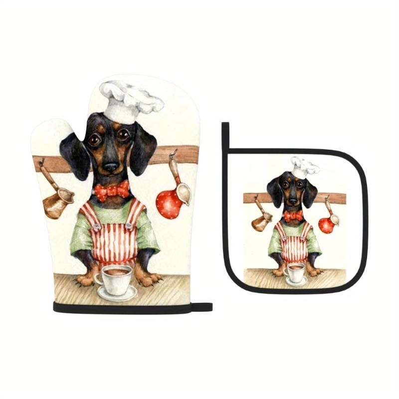 2pcs Cute Dog Chef Cartoon Oven Mitts and Pot Holders Heat Resistant Polyester Machine Wash