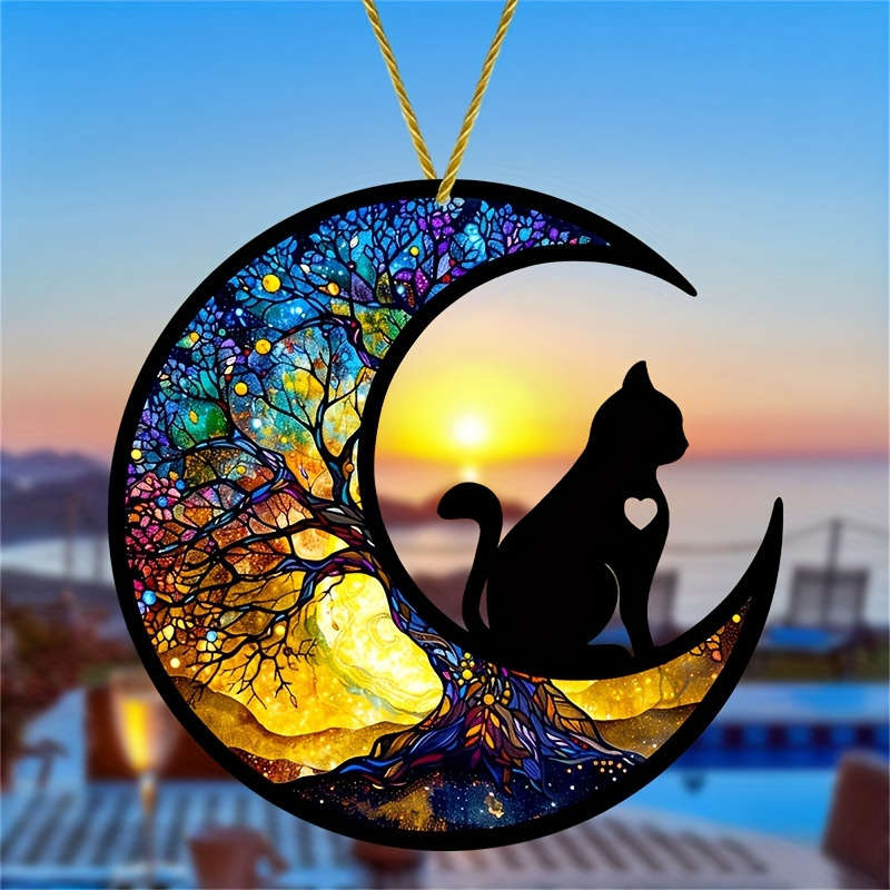 1pc 2D Flat  Stained Glass Style Cat Moon Acrylic Sun Catcher Vibrant Bohemian Window Hanging wit